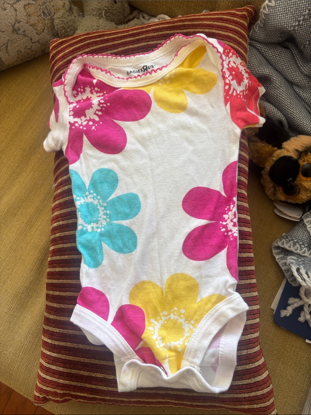 BabiesRUs White Floral One-Piece Bodysuit with Pink, Yellow & Teal Flowers